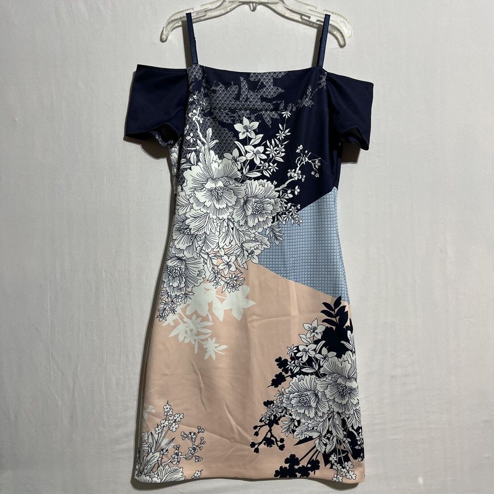 Guess Navy, Light Blue & Blush Floral Off-Shoulder Dress
